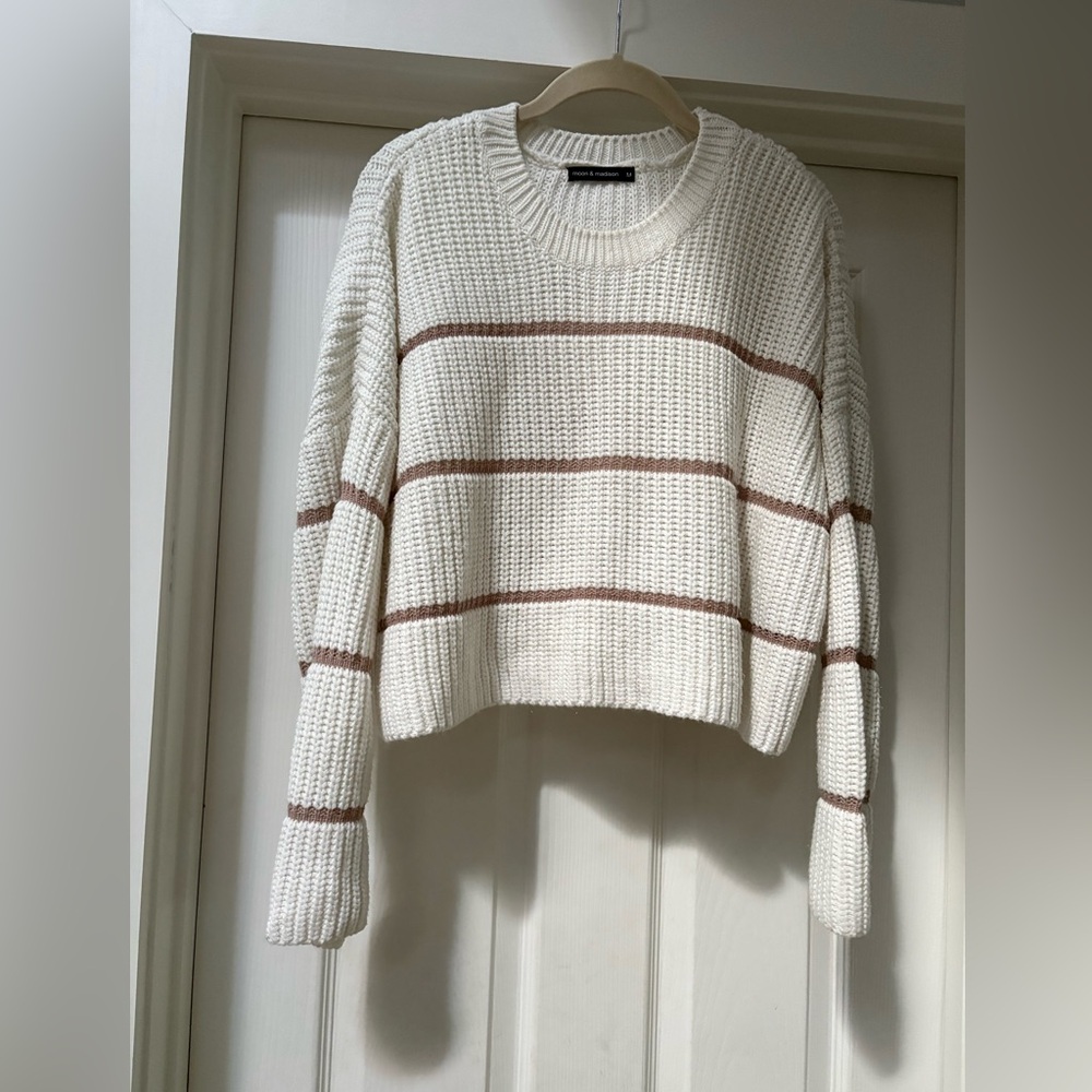 moon & madison Striped Knit Sweater - Cream and Brown